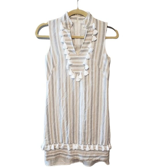Striped Sleeveless Linen Blend Dress With Tassel Details By Eliza J Size 0 - Picture 1 of 16